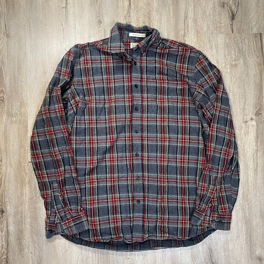 LL Bean Flannel Traditional Fit Mens Large Tall Red Gray Plaid Button Up